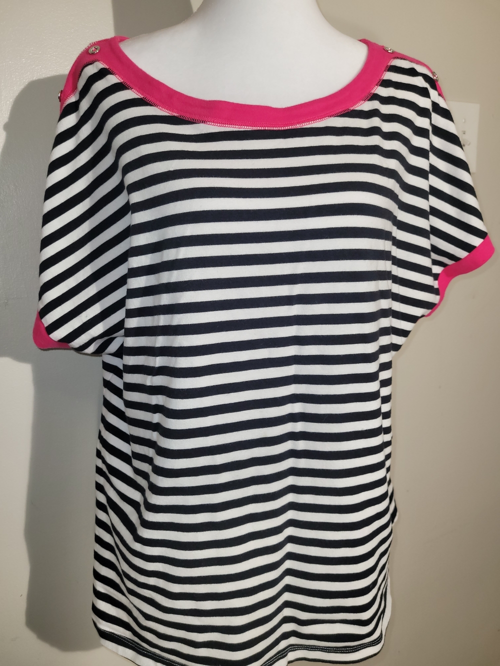 Women's Black & White Striped Short Sleeve Top with Pink Trim